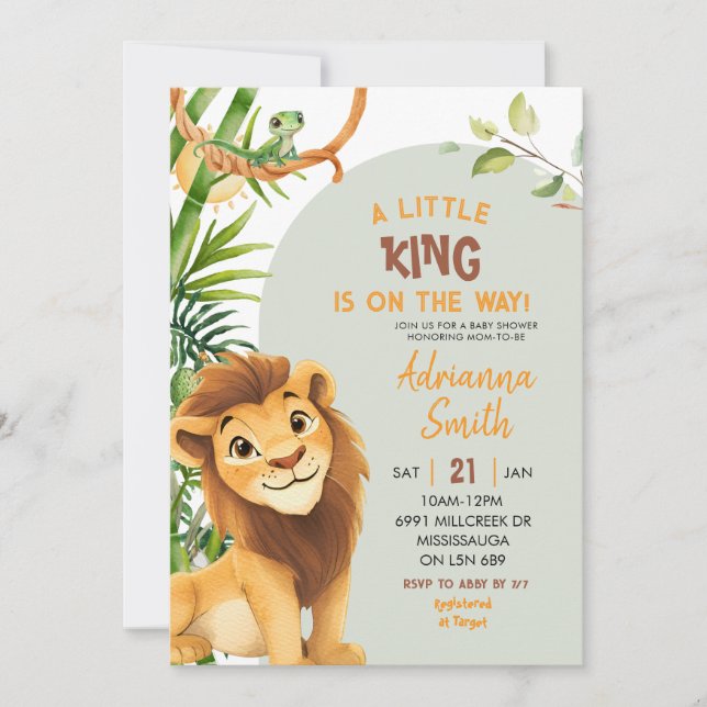 Green Lion Little King On The Way Baby Shower Einladung (Vorderseite)
