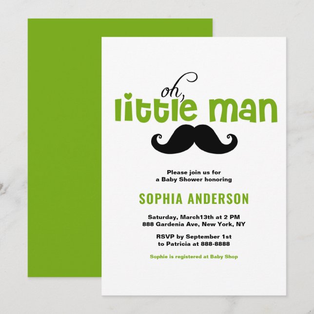 Green Little Man Mustache Kinderdusche Einladung (Vorne/Hinten)