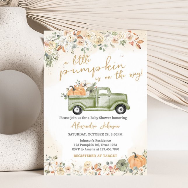 Green Little Pumpkin Baby Dusche Einladung (Green Truck Pumpkin Baby Shower Invitation)