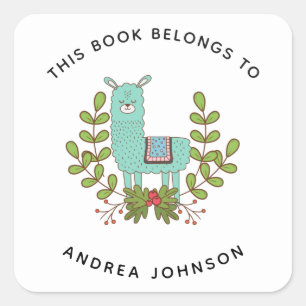 Green Llama Niedlich Funny Animal Kid's Name Buchz Quadratischer Aufkleber