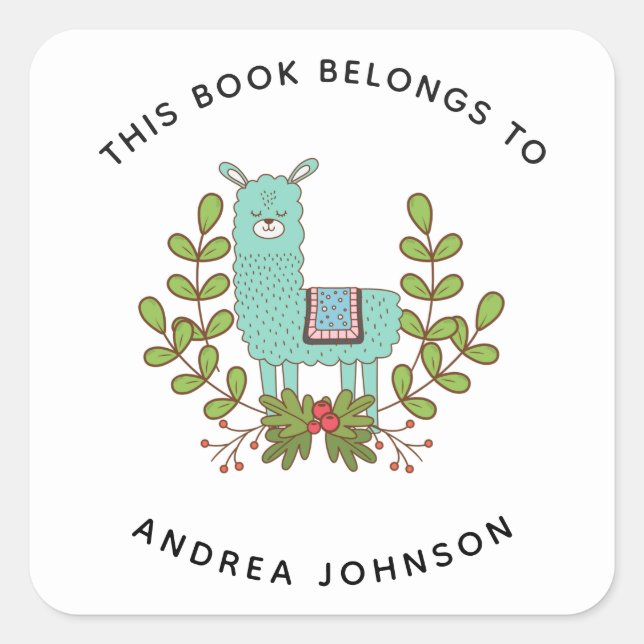 Green Llama Niedlich Funny Animal Kid's Name Buchz Quadratischer Aufkleber (Vorderseite)