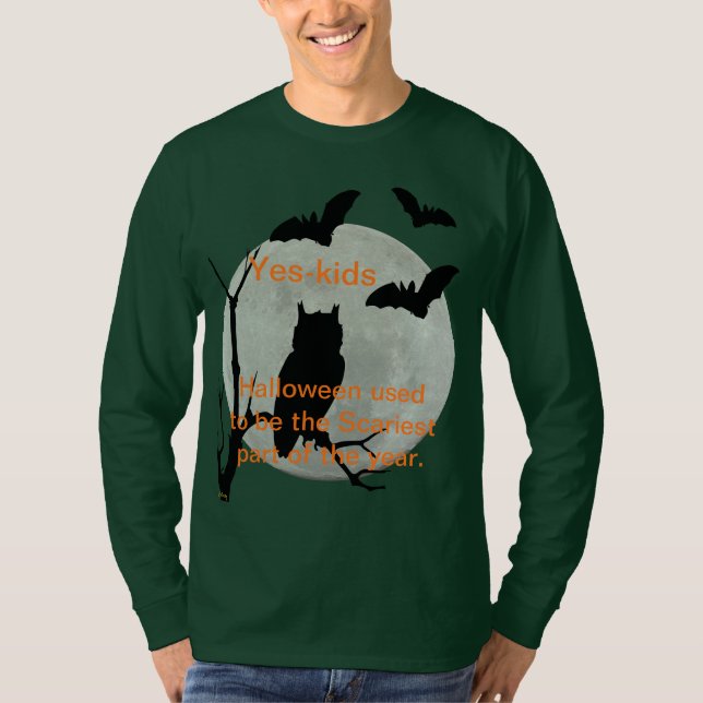 Green Long Sleeve Halloween Owl & Fledermäuse T-Shirt (Vorderseite)