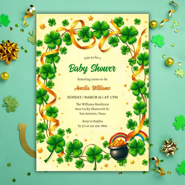 Green Lucky Kleeblatt St Patricks Day Kinderdusche Einladung (Green Lucky Shamrock St. Patrick's Day Baby Shower Invitation)