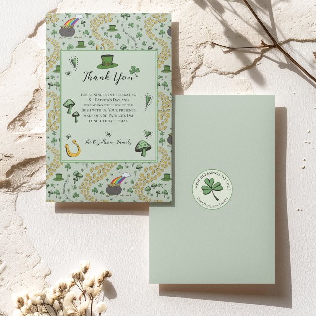 Green Lucky St Patricks Day Irish Danke Karte (St Patricks Day Thank You Card with Custom Message & Name. Irish Blessing on Back of the Card. 
)