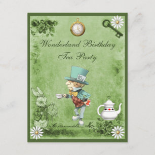 Green Mad Hatter Wonderland Birthday Tee Party Einladung