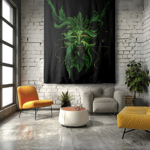 Green Man Fee Blätter Black Wandteppich