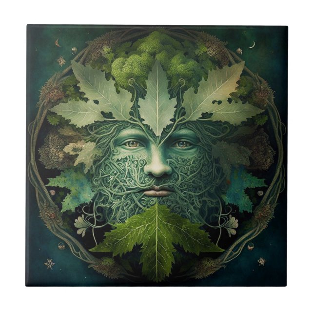 Green Man Mandala Fantasy Art Fliese (Vorderseite)