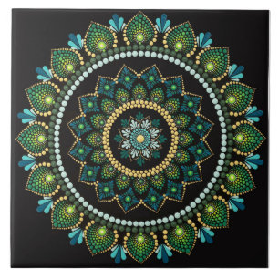 Green Mandala   handbemalt   Heilige Geometrie Fliese
