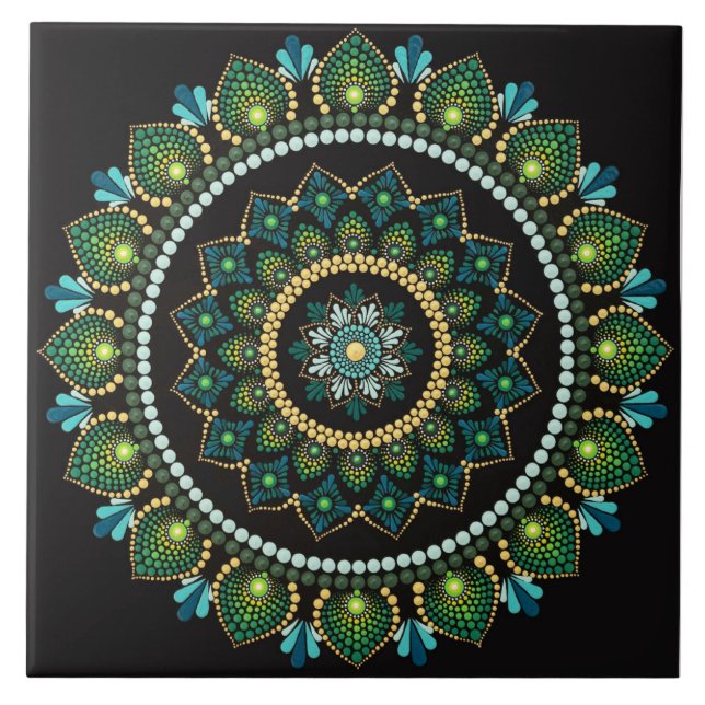 Green Mandala | handbemalt | Heilige Geometrie Fliese (Vorderseite)