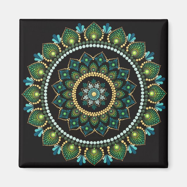 Green Mandala | handbemalt | Heilige Geometrie Magnet (Vorne)
