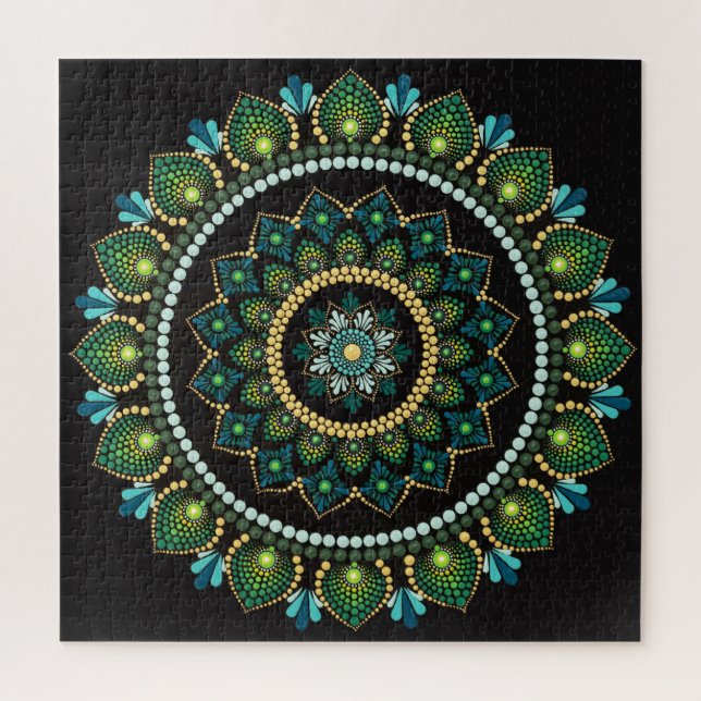 Green Mandala | handbemalt | Heilige Geometrie Puzzle (Vertikal)