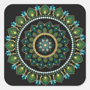 Green Mandala   handbemalt   Heilige Geometrie Quadratischer Aufkleber