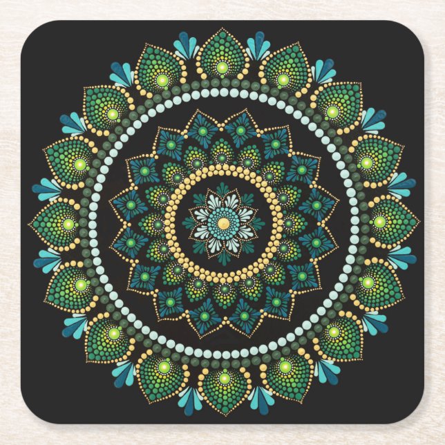 Green Mandala | handbemalt | Heilige Geometrie Rechteckiger Pappuntersetzer (Vorderseite)