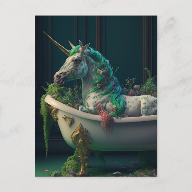 Green Mane Unicorn in der Tub Postkarte (Vorderseite)