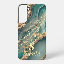 Green marble chic gold glitter monogram samsung galaxy hülle