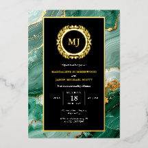Green Marble Gold Laurel Wappen & Black Einladung