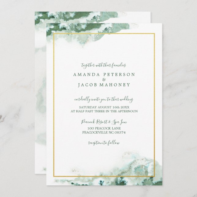 Green Marble Ombre Gold Frame Wedding Einladung (Vorne/Hinten)