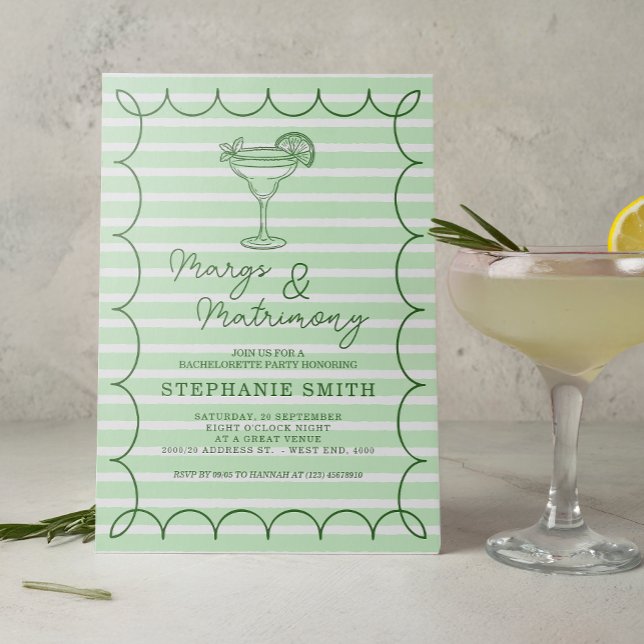 Green Margs and Matrimony Bachelorette Party  Einladung (Set the tone for a lively pre-wedding celebration with this mint green “Margs & Matrimony” invite)