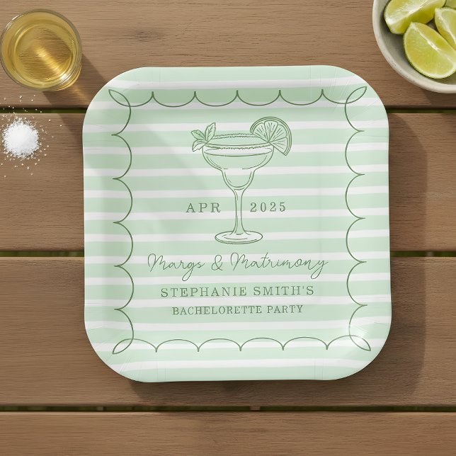Green Margs and Matrimony Bachelorette Party  Pappteller (Set the tone for a lively pre-wedding celebration with this mint green “Margs & Matrimony” plate.)