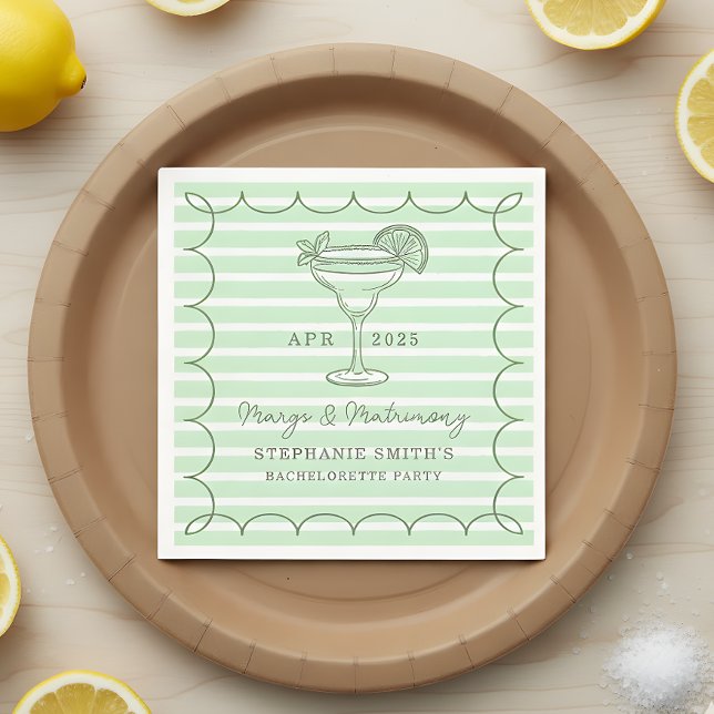 Green Margs and Matrimony Bachelorette Party  Serviette (Set the tone for a lively pre-wedding celebration with this mint green “Margs & Matrimony” design.)