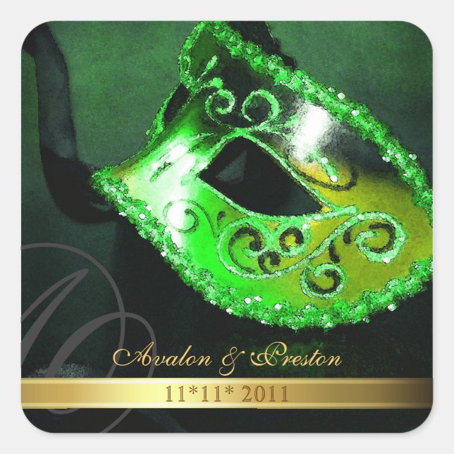 Green Masquerade Swirl Save the Date Aufkleber (Vorderseite)