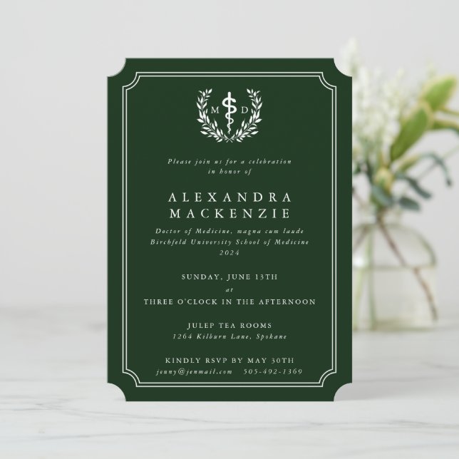 Green MD Asclepius + Laurel Wreath Abschluss Einladung (Stehend Vorderseite)