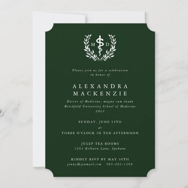 Green MD Asclepius + Laurel Wreath Abschluss Einladung (Vorderseite)