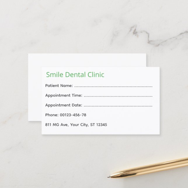 Green Medical Dental Appointment Card Terminkarte (Vorderseite/Rückseite Beispiel)