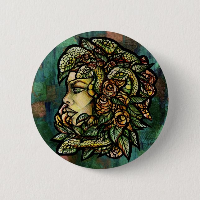 Green Medusa Snakes Rose Gorgon Button (Vorderseite)