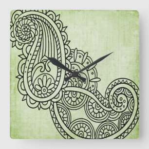 Green Mehndi Motif Clock Quadratische Wanduhr