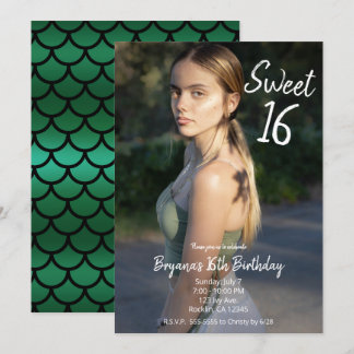 Green Mermaid Modernes Foto Sweet 16 Party Einladung