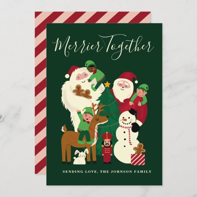 Green Merrier Together Santa and Friends Card Einladung (Vorne/Hinten)