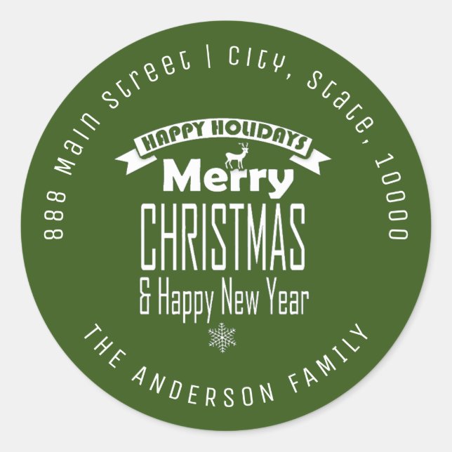 Green Merry Christmas Round Return Address Label Runder Aufkleber (Vorderseite)