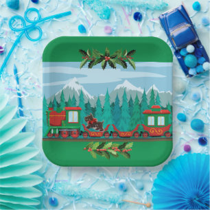 Green Merry Christmas Train Pappteller