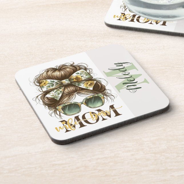 Green Messy Bun Mama Ehefrau Boss Getränkeuntersetzer (Linke Seite)