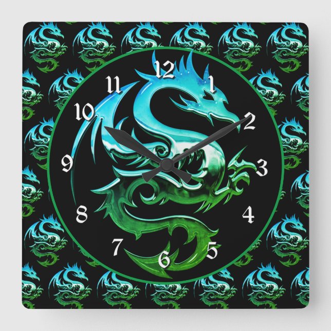 Green Metallic Dragon Quadratische Wanduhr (Vorderseite)