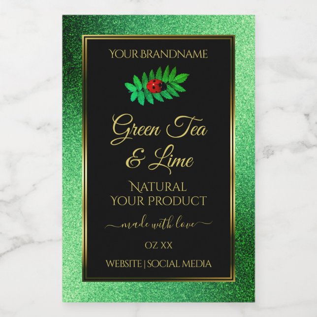 Green Metallic Glitzer Black Product Label Ladybug Lebensmitteletikett (Einzelnes Label)