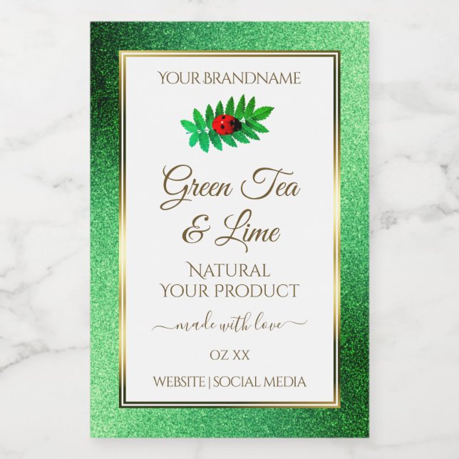 Green Metallic Glitzer White Product Label Ladybug Lebensmitteletikett (Einzelnes Label)