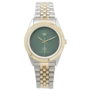 Green Metallic Watch in Gold Crown Armbanduhr
