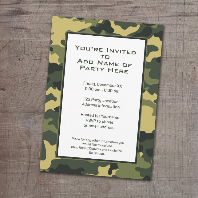 Green Military Camouflage Party Einladung (Camouflage Birthday Party, Military graduation or cocktail party invitation.)
