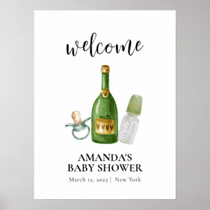 Green Minimal Poppin Champagne Baby Dusche Empfang Poster