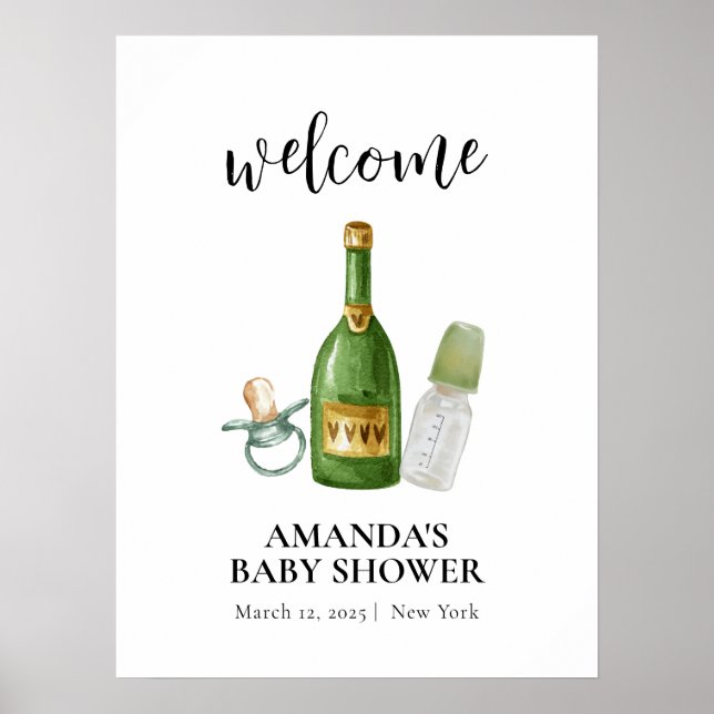 Green Minimal Poppin Champagne Baby Dusche Empfang Poster (Vorne)