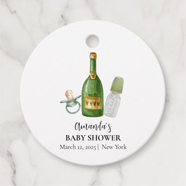 Green Minimal Poppin Champagner Flaschen Babydusch Geschenkanhänger (Vorderseite)