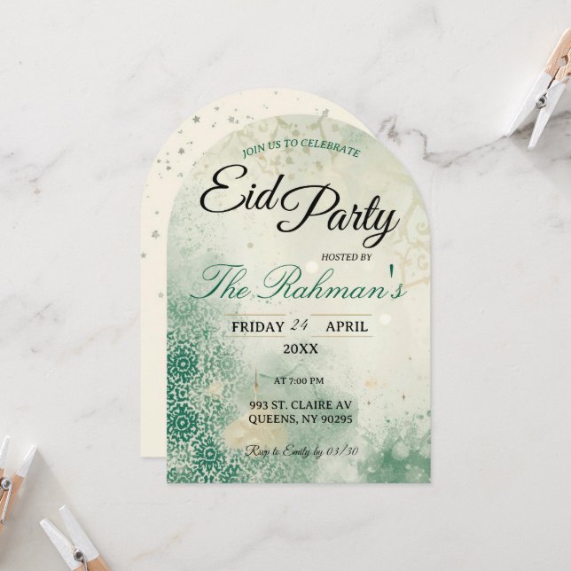 Green Minimalist elegant Eid Party Invitation Card Einladung (Vorderseite/Rückseite Beispiel)