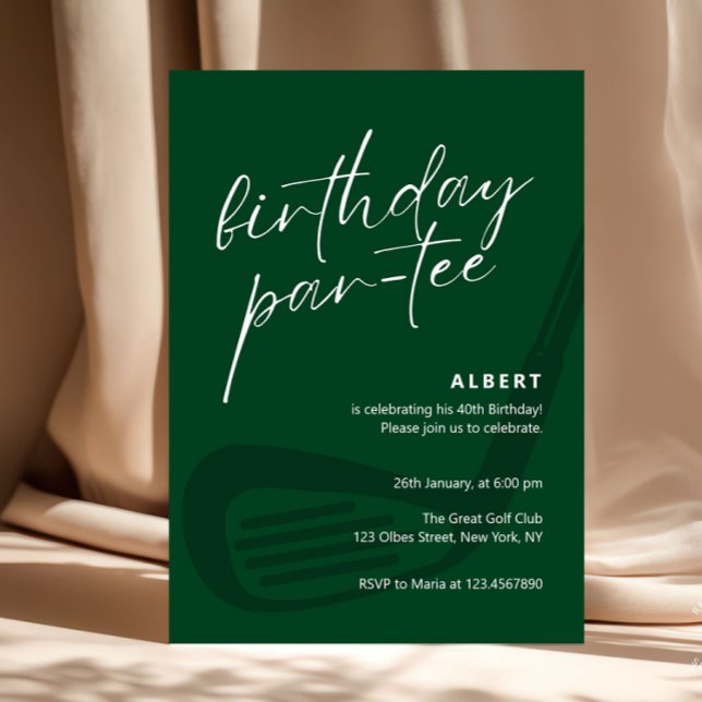 Green Minimalist Golf Birthday Partee Einladung (golf cart course birthday party, greens clubs golfer celebration fun, invitation for him congratulat)