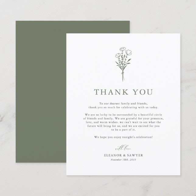 Green Minimalistisch Botanicals Wedding Vielen Dan (Vorne/Hinten)