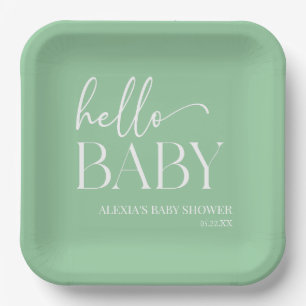 Green Minimalistisch Hello Baby Babydusche Pappteller