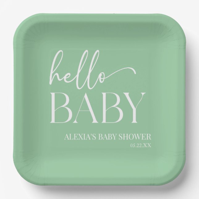 Green Minimalistisch Hello Baby Babydusche Pappteller (Vorderseite)