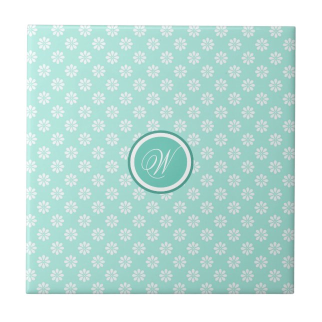Green Mint Daisies Mit Monogramm Fliese (Vorderseite)