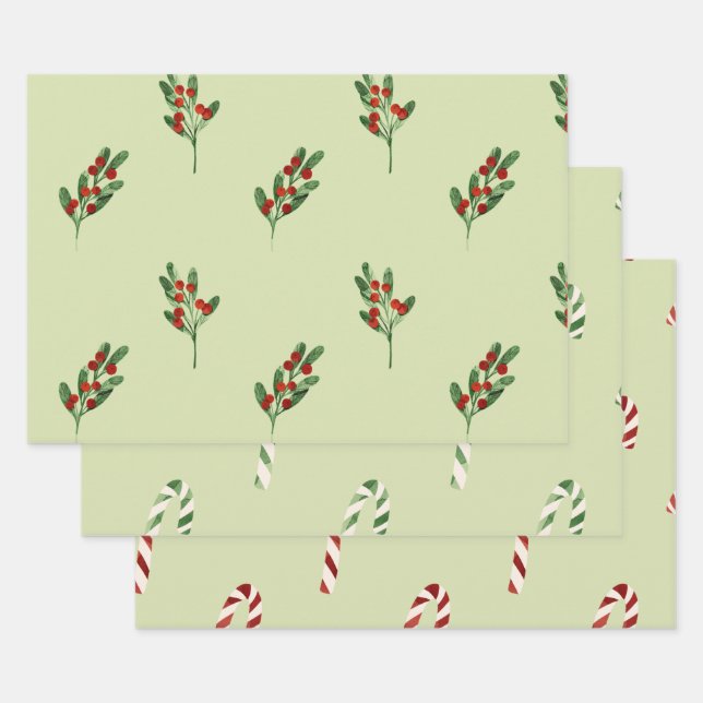 Green Mistletoe Red Berries and Red Candy Canes Geschenkpapier Set (Set)